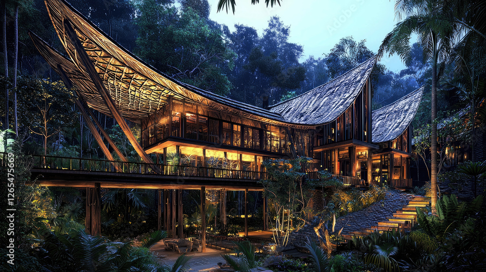 Fototapeta premium Modern eco-friendly house nestled in lush tropical forest with ambient lighting at dusk