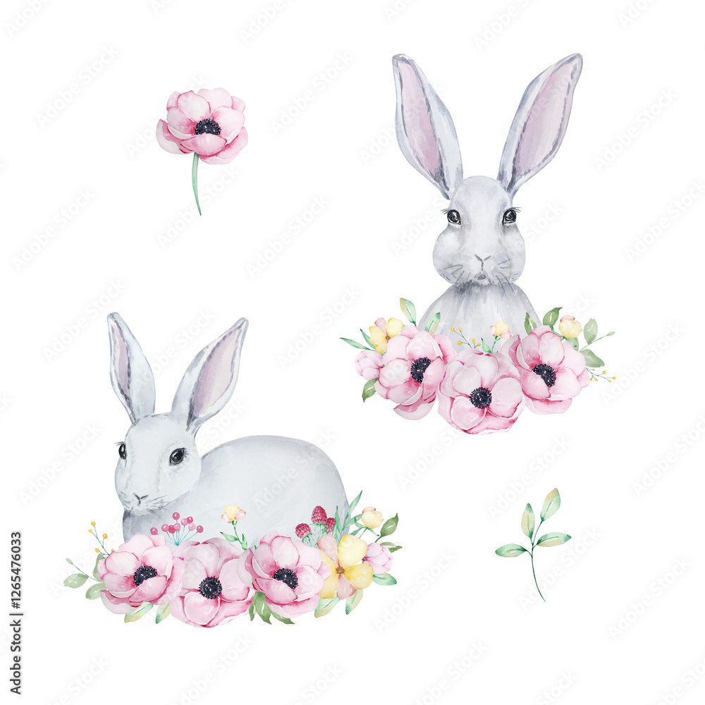 Obraz premium Watercolor Easter Rabbits and spring flowers, pink anemones