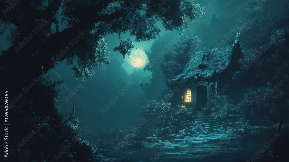 Fototapeta premium Mystical forest cabin at night under a full moon