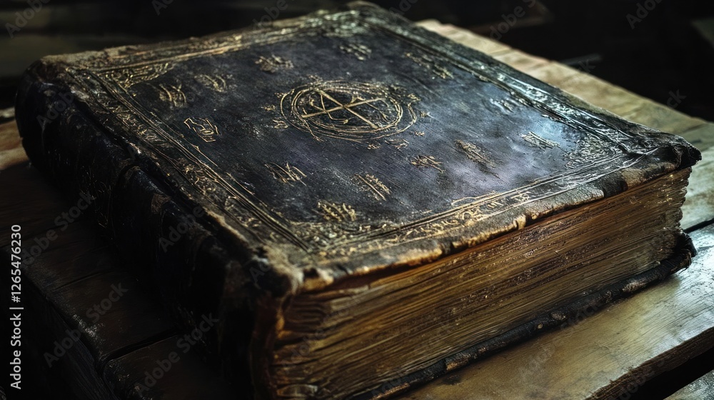 Obraz premium Antique Book on Wooden Table, Dark Background, Ornate Cover
