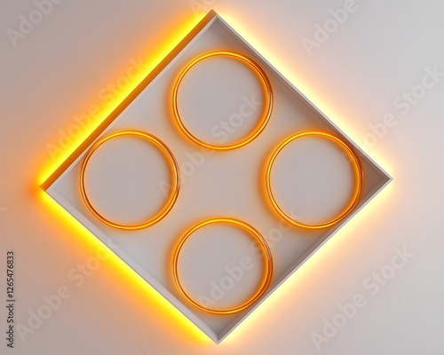A diagonal white wall illuminated by four golden-yellow spotlights, holding four circular blank frames forming a square layout. The glowing resin tiles emphasize their composition.