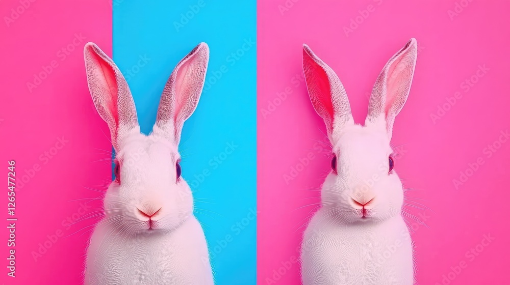 Obraz premium Vibrant Dual Bunny Portrait on Bold Pink and Blue Background