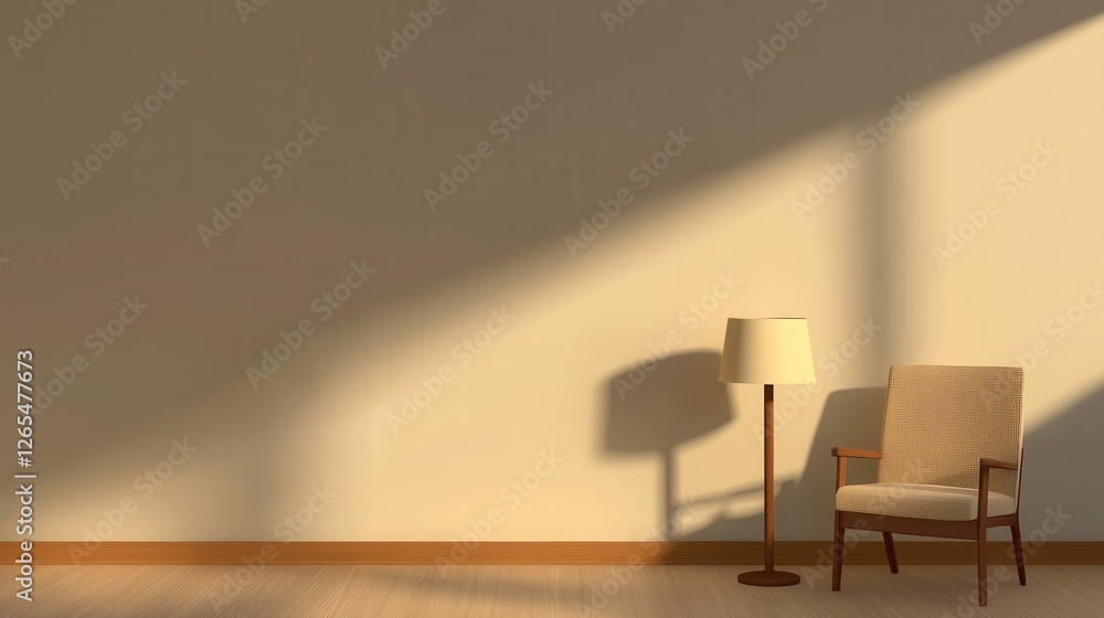 architectural 3D renderings interior realism concept. A minimalist interior featuring a chair and lamp, illuminated by warm sunlight casting soft shadows on a neutral wall. architectural 3D renderings interior realism concept. A minimalist interior featuring a chair and lamp, illuminated by warm sunlight casting soft shadows on a neutral wall.