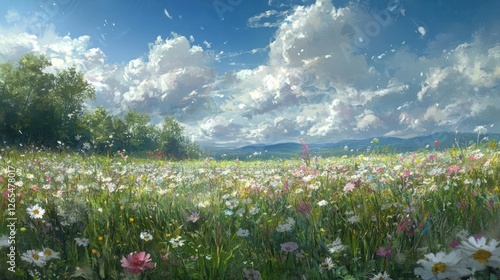 Colorful meadow landscape with fluffy clouds photo