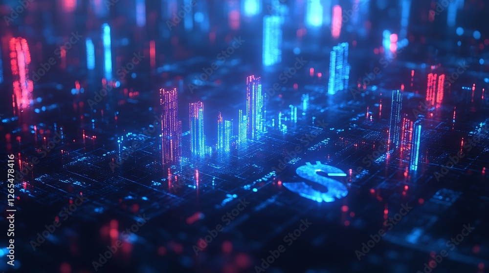 Obraz premium Glowing Blue Dollar Sign in Digital Space, A glowing blue dollar sign made of digital particles, set against a dark, abstract background