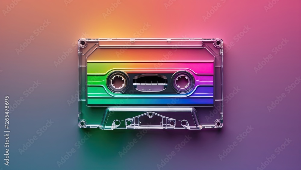 Fototapeta premium A vibrant, retro cassette tape with a rainbow gradient background, evoking nostalgia and creativity