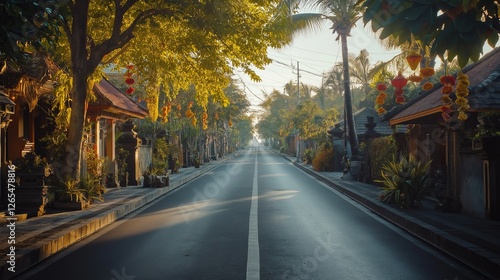 Empty road stretches through golden trees, creating a peaceful and inviting scenic view.
