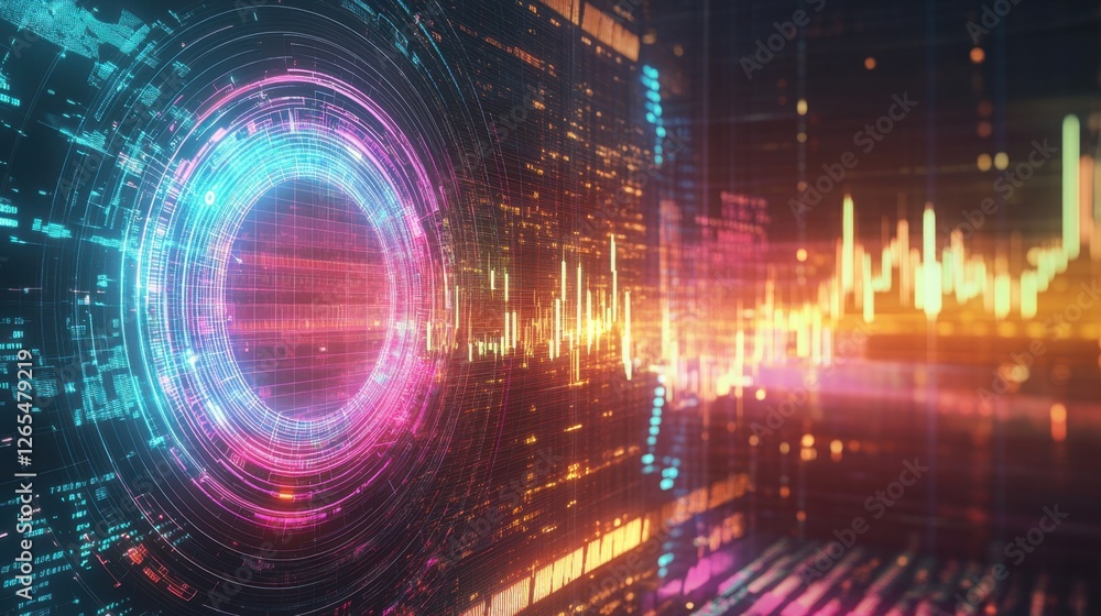Fototapeta premium Dynamic Abstract Digital Visualization with Colorful Waves and Futuristic Elements Representing Data Analysis