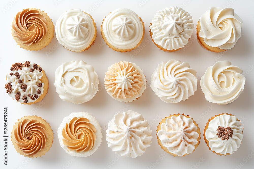 Top view varies of white theme cake isolated on white background, Selective focus various fancy cup cake on white background. Top view varies of white theme cake isolated on white background, Selective focus various fancy cup cake on white background.