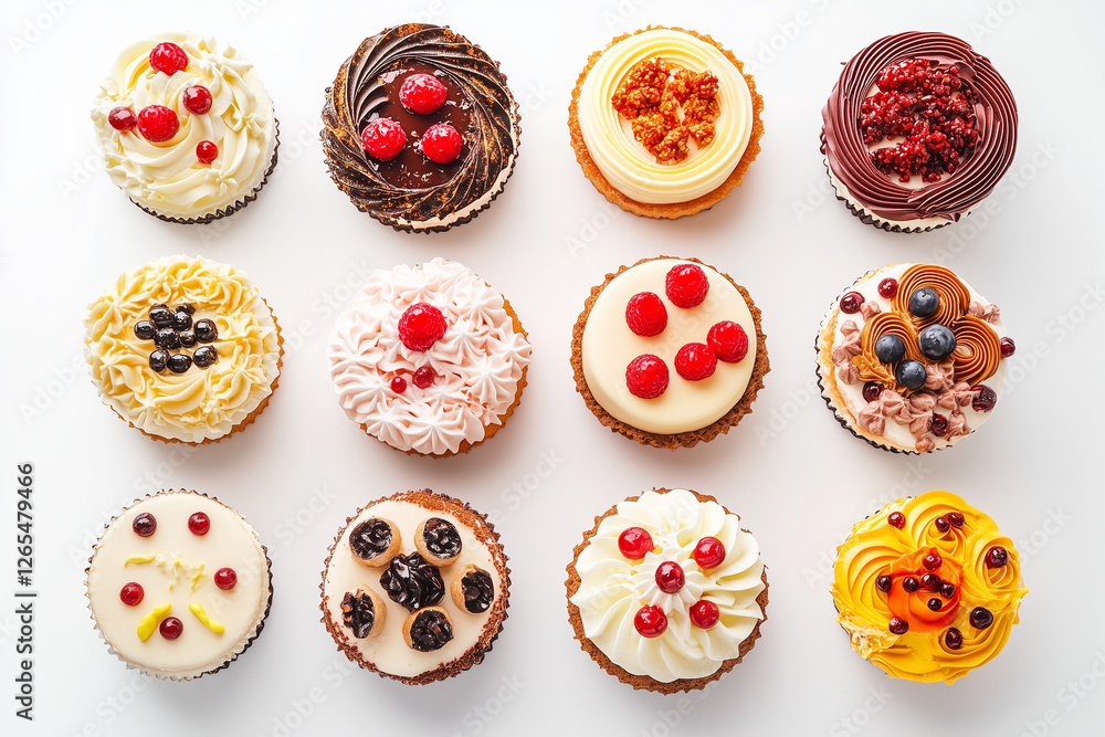 Top view varies of cake isolated on white background, Selective focus various fancy cup cake on white background. Top view varies of cake isolated on white background, Selective focus various fancy cup cake on white background.