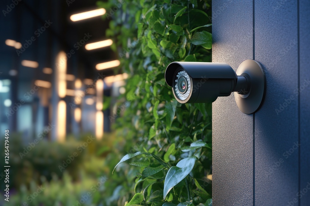 Modern Security Camera on a Building Exterior with Lush Greenery Modern Security Camera on a Building Exterior with Lush Greenery