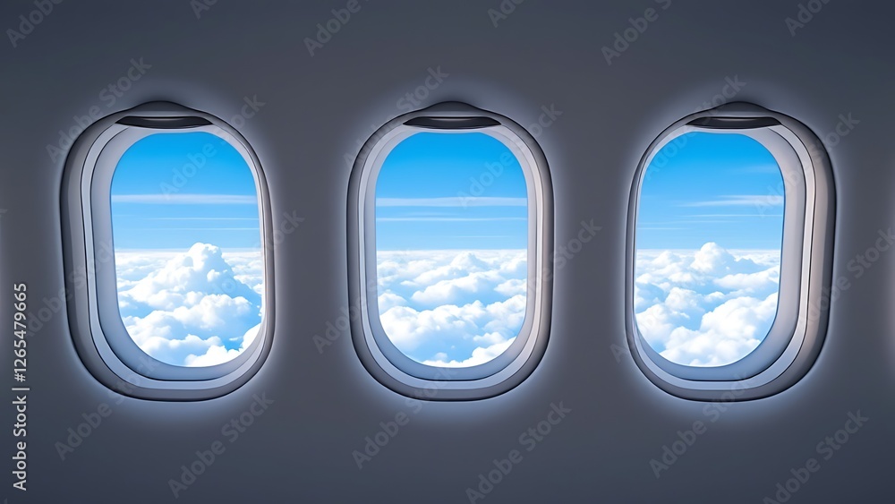 Naklejka premium Three windows airplane looking out vast expanse sky The interior