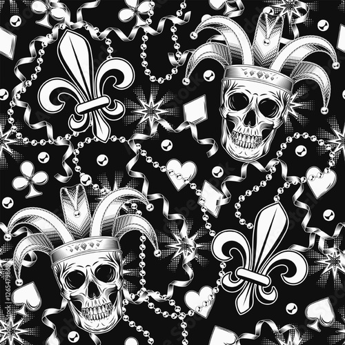 Seamless black and white Mardi Gras pattern with human skull in jester hat, beads, streamer ribbons, card suits icons, holiday trinket, Fleur de Lis sign. Randomly scattered objects. Vintage style