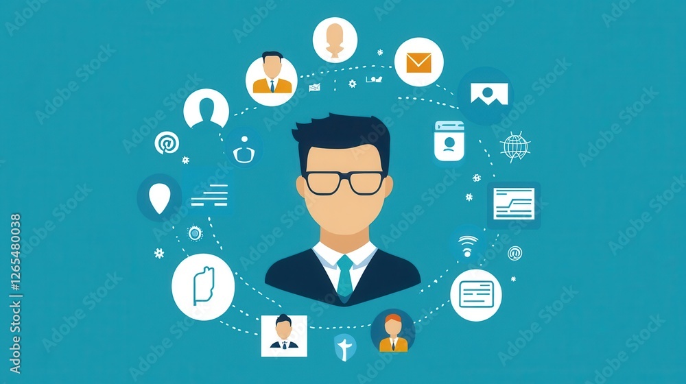 Professional Businessman with Digital Icons Surrounding Professional Businessman with Digital Icons Surrounding
