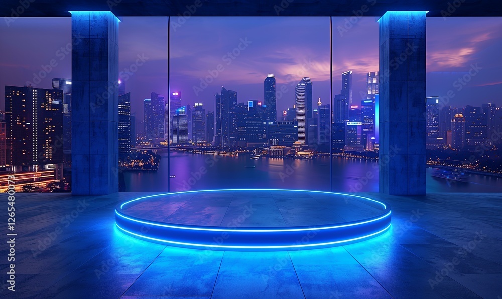 Fototapeta premium Futuristic Empty Platform with Cityscape View at Night