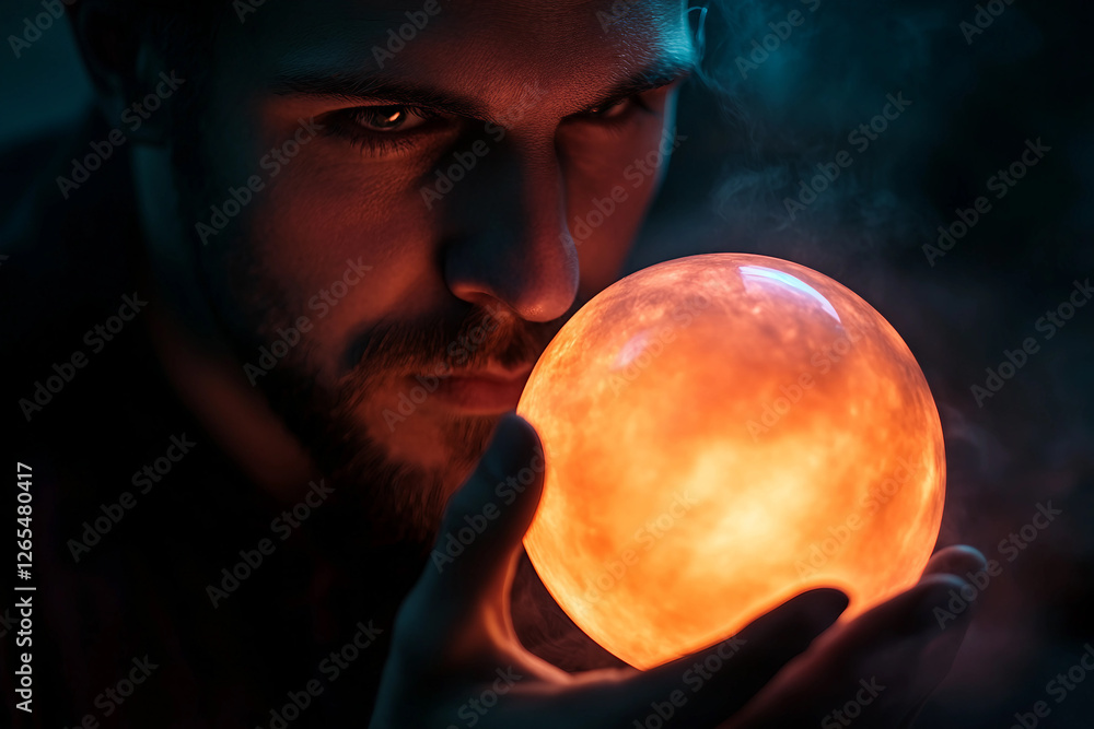 Naklejka premium Generative AI image of a mystical person holding a glowing magic ball for prediction and superpower depiction