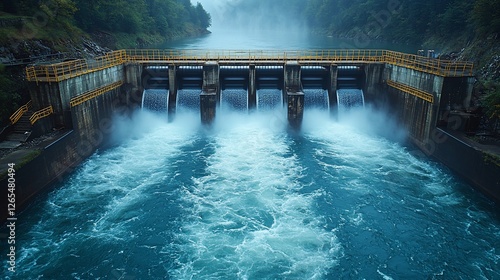 Wallpaper Mural A tranquil view of a hydroelectric dam releasing water into a river, surrounded by lush greenery Torontodigital.ca