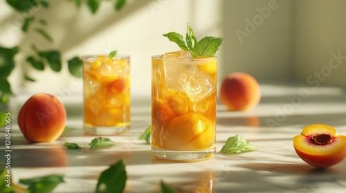 Iced Peach Tea, summer drink, sunlight, marble photo