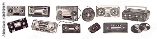 Set cassette tape. Hand drawn vector illustration.