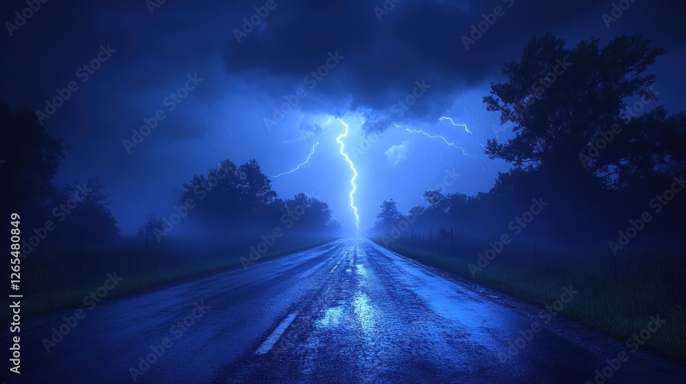 Fototapeta premium Lightning strikes rural road, night storm