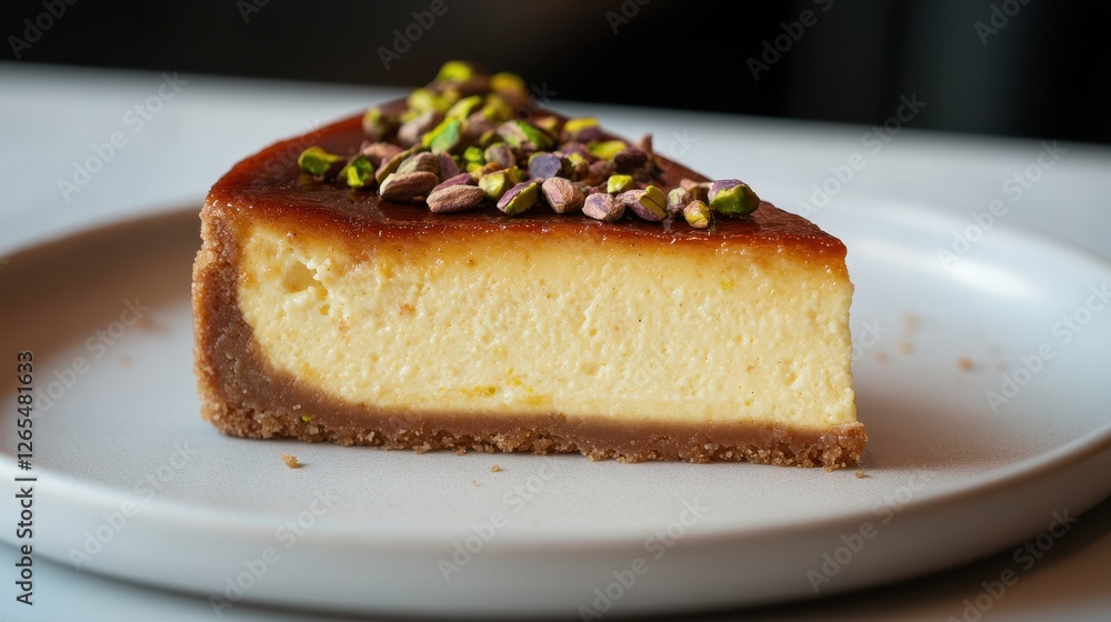 A slice of Arabic cheesecake infused with cardamom and topped with chopped pistachios. The exotic flavors shine on the smooth cheesecake, elegantly displayed on a white plate, A slice of Arabic cheesecake infused with cardamom and topped with chopped pistachios. The exotic flavors shine on the smooth cheesecake, elegantly displayed on a white plate,