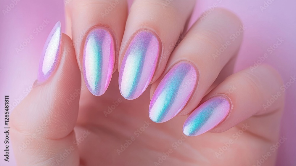 Nail Fashion manicure vibrant concept. Glossy Lavender Nails with Holographic Shimmer in Modern Nail Art Design Nail Fashion manicure vibrant concept. Glossy Lavender Nails with Holographic Shimmer in Modern Nail Art Design