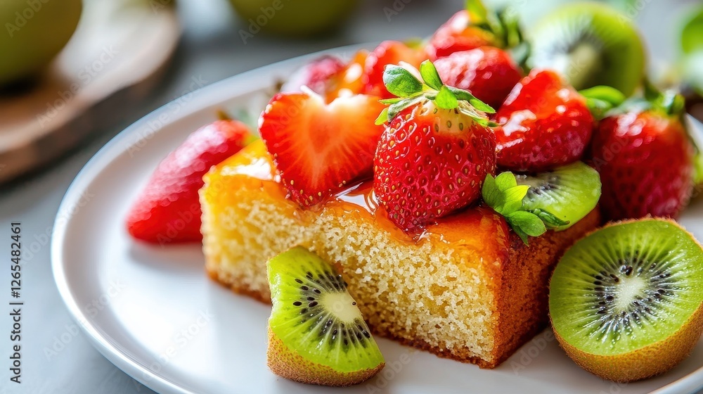 A slice of Japanese honey cake, topped with fresh, colorful fruit such as strawberries and kiwis, providing a refreshing contrast to the sweetness of the cake. A slice of Japanese honey cake, topped with fresh, colorful fruit such as strawberries and kiwis, providing a refreshing contrast to the sweetness of the cake.