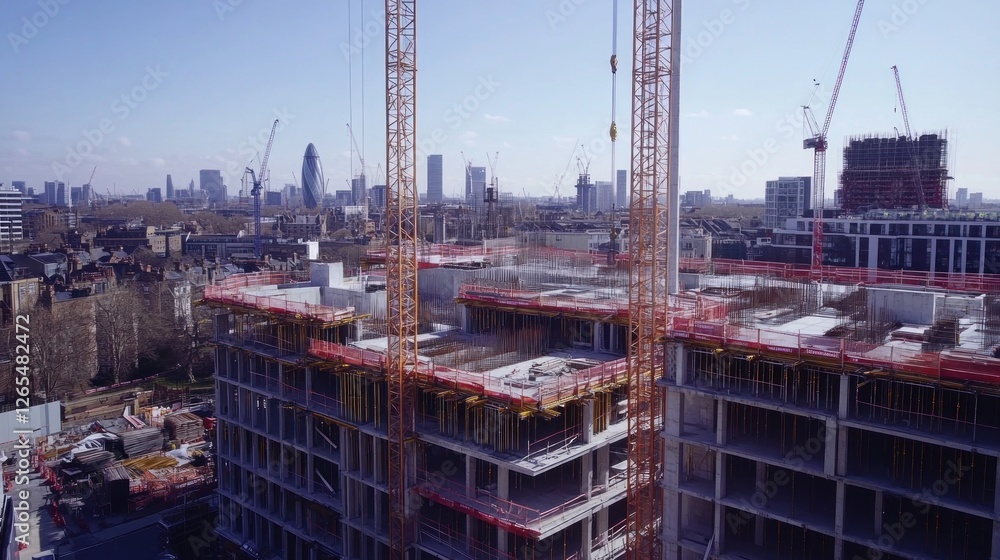 London construction site aerial view building under construction, city skyline background London construction site aerial view building under construction, city skyline background