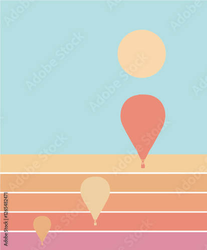 Hot air balloons are seen at sunset in a graphic design that is a background image.