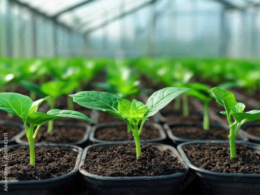 A vibrant greenhouse filled with young plants in pots, showcasing lush green leaves growing in rich soil under natural light. A vibrant greenhouse filled with young plants in pots, showcasing lush green leaves growing in rich soil under natural light.