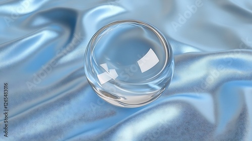 Wallpaper Mural Glass sphere rests softly on cool blue silk subtly reflecting light. AI Generated Torontodigital.ca