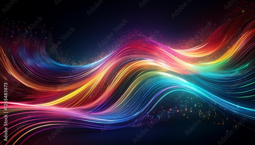 dynamic rainbow light streaks forming a wave pattern against a dark background, sparkling particles resembling stars