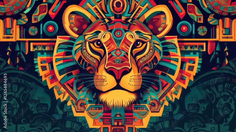 Fototapeta premium Colorful geometric lion, Aztec art, dark background, textile design
