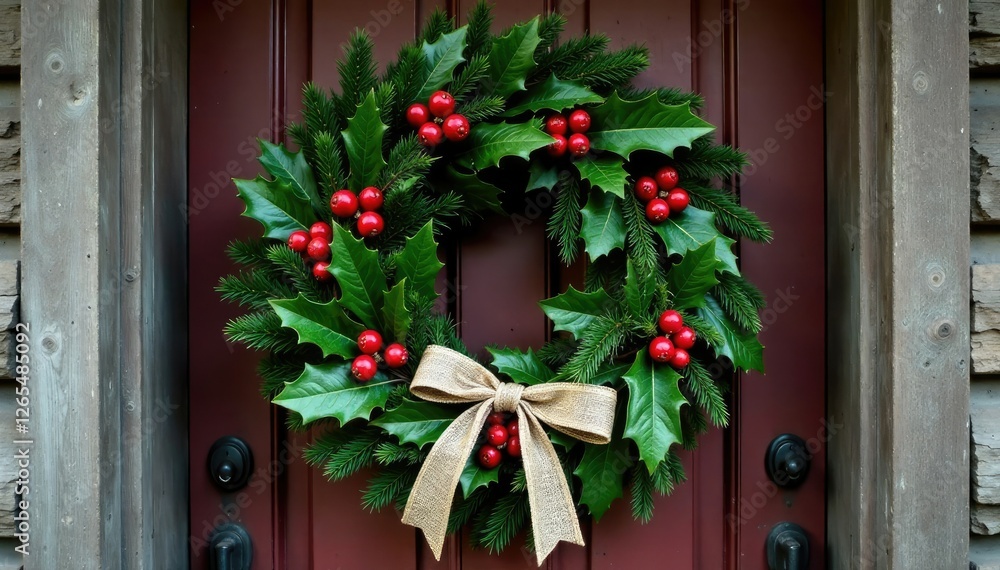 Naklejka premium A festive holly wreath adorns a rustic wooden door entrance, wreath, festive