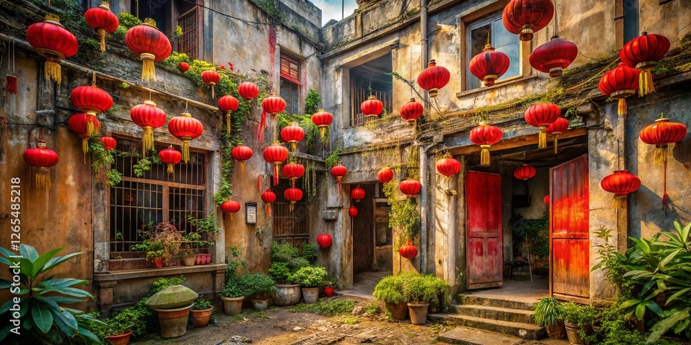 Obraz premium Abandoned Building, Chinese New Year Lanterns, Urban Exploration, Festive Decay, 2021