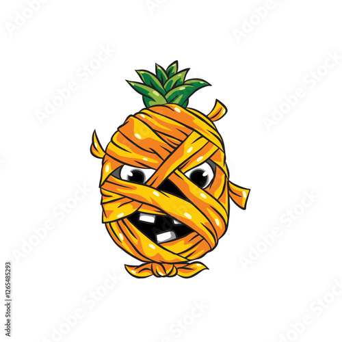 Cartoon illustration of a pineapple with a mummy head