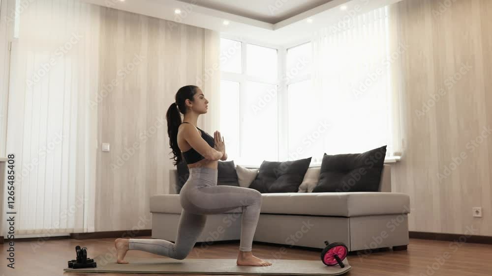 Young woman has workout at home during quarantine. Slim female person stand in one leg squat exercise and stand. Hold tow hands together in praying position. Yoga exercise. Young woman has workout at home during quarantine. Slim female person stand in one leg squat exercise and stand. Hold tow hands together in praying position. Yoga exercise.