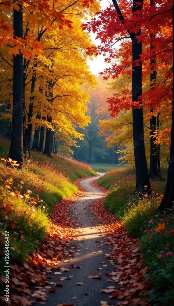 Fototapeta premium A winding path leads through a tapestry of fall colors, winding path, nature scene