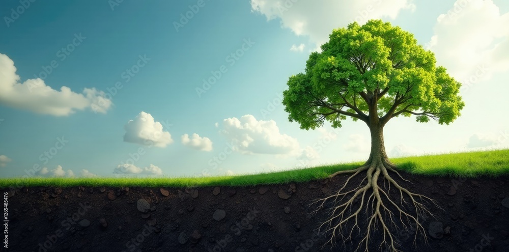 Fototapeta premium A tree's roots stretch outward from the earth's surface, trees, organic
