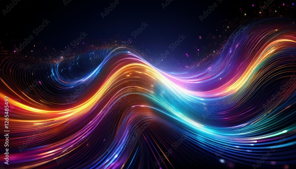 dynamic rainbow light streaks forming a wave pattern against a dark background, sparkling particles resembling stars dynamic rainbow light streaks forming a wave pattern against a dark background, sparkling particles resembling stars