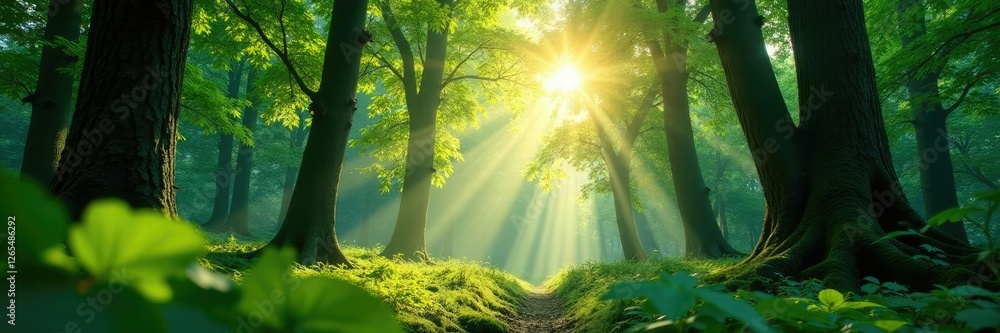 Obraz premium Dense forest canopy with sunlight filtering through leaves, foliage, trees, leafy