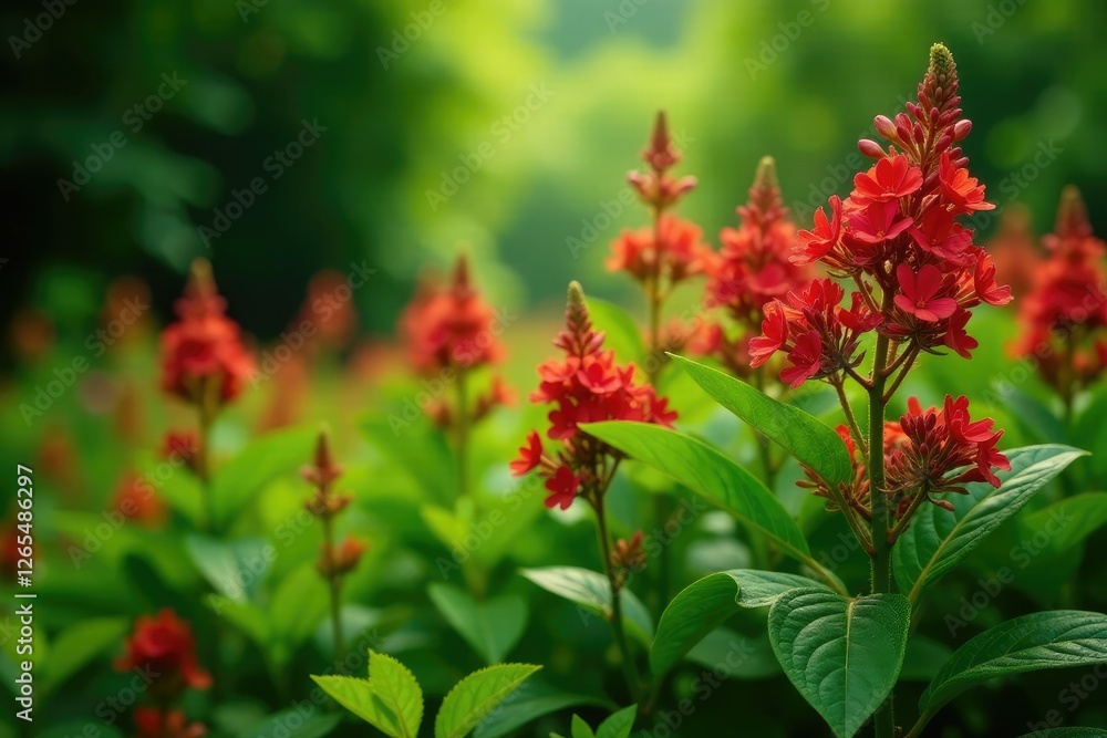 Dense red verbena inflorescences amidst lush green foliage, greenery, verdant Dense red verbena inflorescences amidst lush green foliage, greenery, verdant