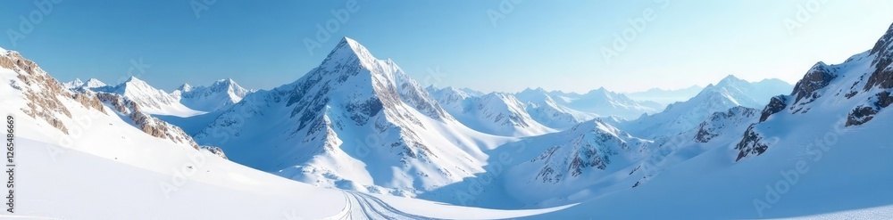 Obraz premium Frosty peaks rise high amidst snow-covered slopes, Ski tracks, calm