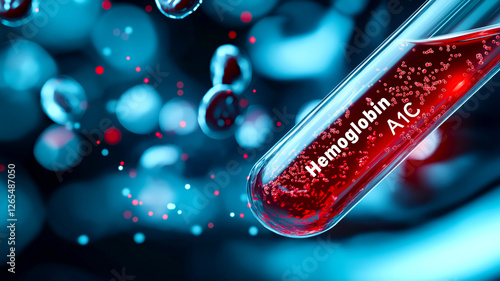 A test tube filled with red liquid labeled 'Hemoglobin A1C,' surrounded by abstract blue bubbles, representing blood analysis or diabetes monitoring.