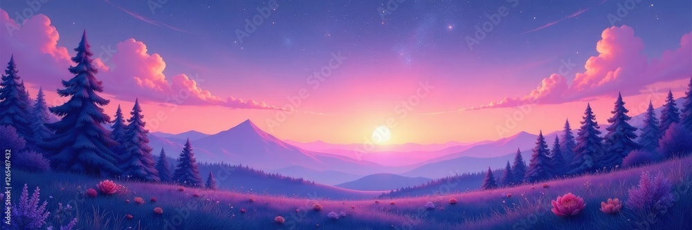 Pastel shades of peach and lavender light up a serene landscape under a starry sky, landscape, pastel colors, glowing stars Pastel shades of peach and lavender light up a serene landscape under a starry sky, landscape, pastel colors, glowing stars