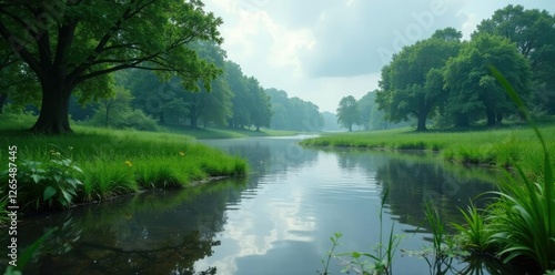 Ponds and lakes overflowing their banks due to heavy rainfall, wetland flooding, aquatic ecosystem, lake overflow