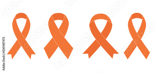 Orange ribbon. Breast cancer awareness ribbon. Women support orange ribbon. National Kidney Cancer Awareness Month. Orange Color Ribbon Isolated On Transparent Background. Template For Poster. 