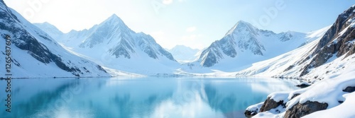 Wallpaper Mural Rocky mountain ridges covered in a layer of fresh snow, frozen lake, glacier, rocky terrain Torontodigital.ca