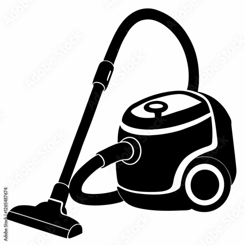 Black and white upright vacuum cleaner shown in profile. Sleek design with curved body and extended hose. Minimalist illustration with clean lines. Concept: cleaning services, home appliances, houseke