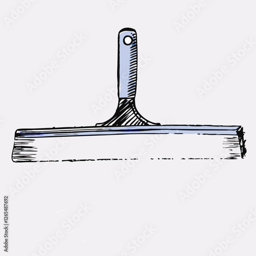 Blue and grey squeegee rendered in technical style. Cross-hatched details show depth and texture. Professional cleaning tool depicted from above. Concept: cleaning services, janitorial supplies, maint